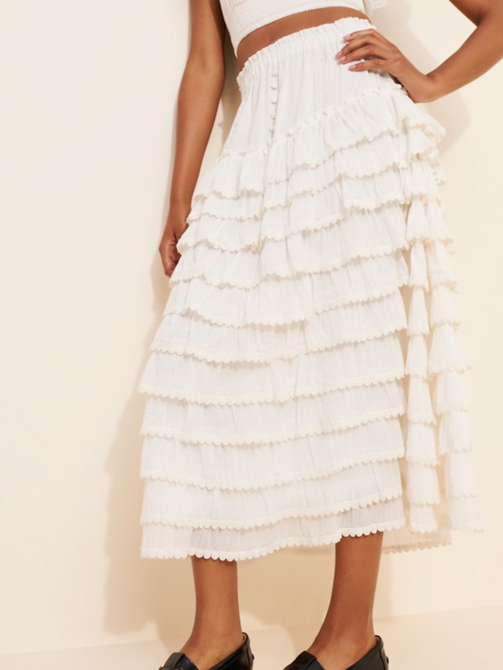Amy Jane London Anastasia White Tiered Eyelet Ruffle Midi Skirt S Cottagecore - Picture 7 of 13